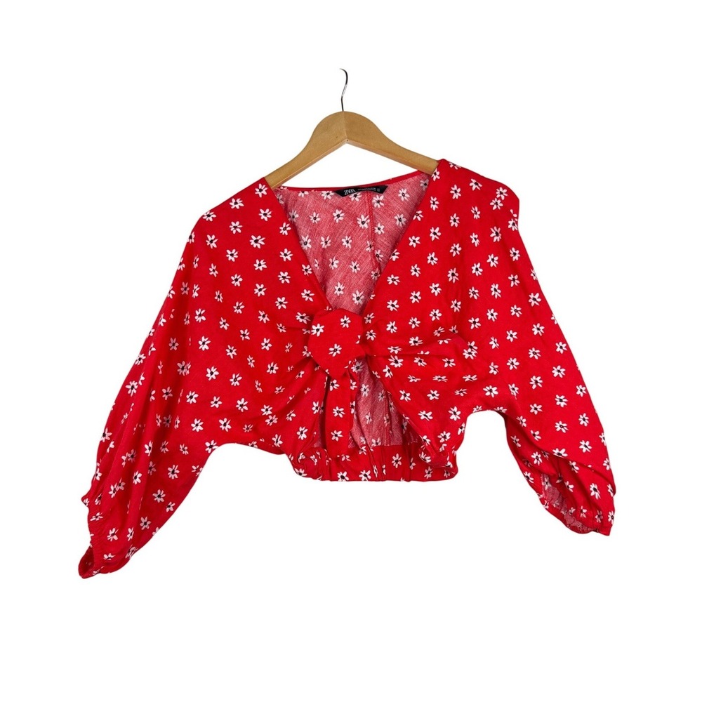 Zara Floral Print Linen Blend Crop Tie Front Blouse size XS Red/White